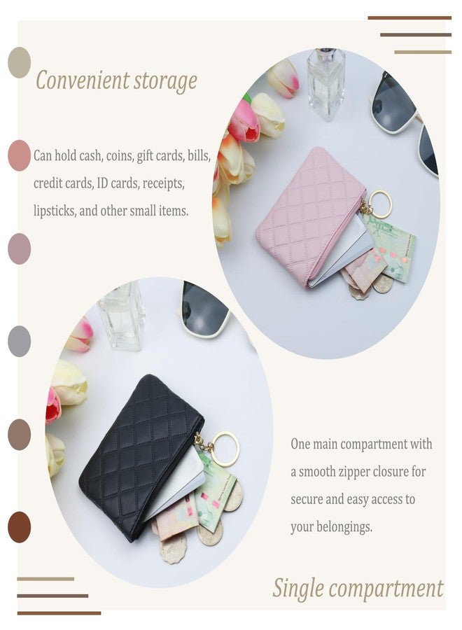 Chanseen 2Pcs Small Coin Purse for Women Mini PU Leather Zipper Change Pouch Wallet Card Holder with Key Chain for Credit Card Money Key Headset Lipstick (Black, Pink) - Image 4